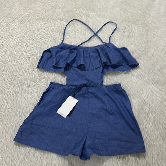 Zara blue denim ruffle cutout romper size medium new - Picture 6 of 6